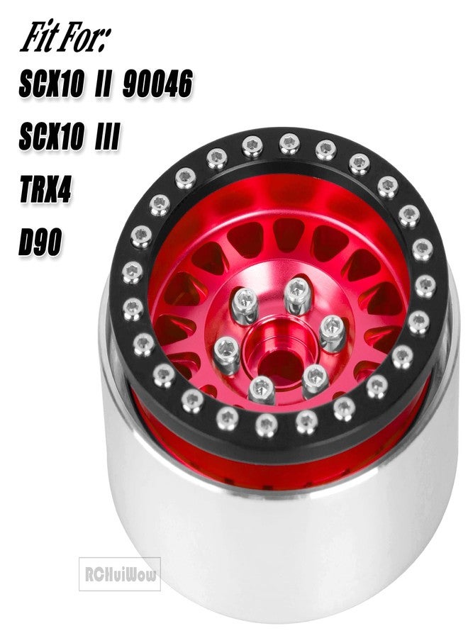طقم عجلات RCHuiWow Beadlock مقاس 1.9 بوصة لسيارات التحكم عن بعد SCX10 وSCX10 II وSCX10 III وTRX-4 وD90 بمقياس 1/10، مصنوع من سبائك الألومنيوم شديدة التحمل، 4 قطع، لون أحمر - Image 2